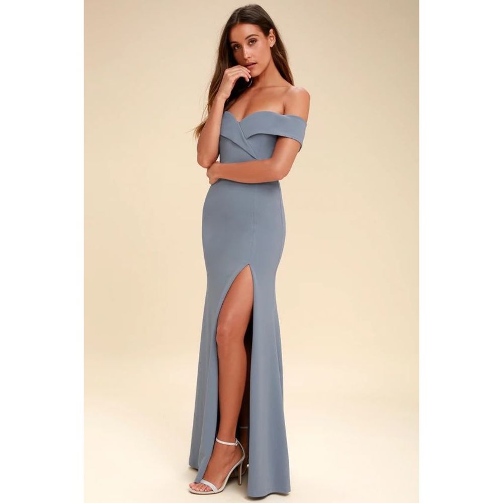 Lulu’s Song of Love Blue Grey Off-the-Shoulder formal Maxi Dress